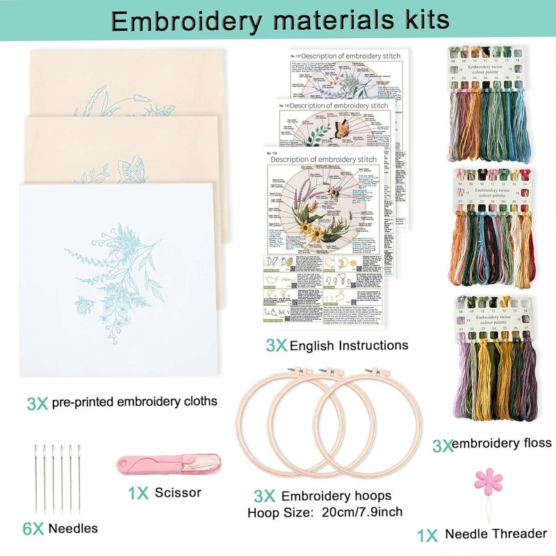 REEWISLY 3ps Embroidery Starter kit Patterns, DIY Adult Cross Stitch Kits Beginner, Including 3 Plastic Embroidery Rings, 1 Scissors, Colored Threads,Needles and Instructions - Image 2